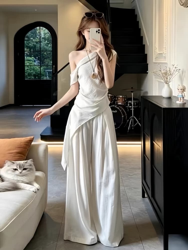 자이언트 잘 생긴 ootd 착용 가져 가라. 전체 집합 2026 새로운 비스듬한 어깨 반팔 티셔츠 여성 여름 와이드 레그 팬츠 투피스 슈트 상세 이미지 1