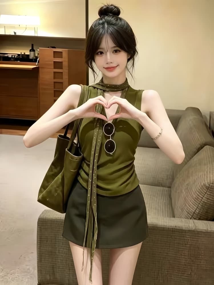한 부서 전체 집합 ootd 착용 가져 가라. 여성 2026 새로운 민소매 V넥 맨위 하이웨이스트 슬림해 보이는 반신 스커트 투피스 세트 이미지 3