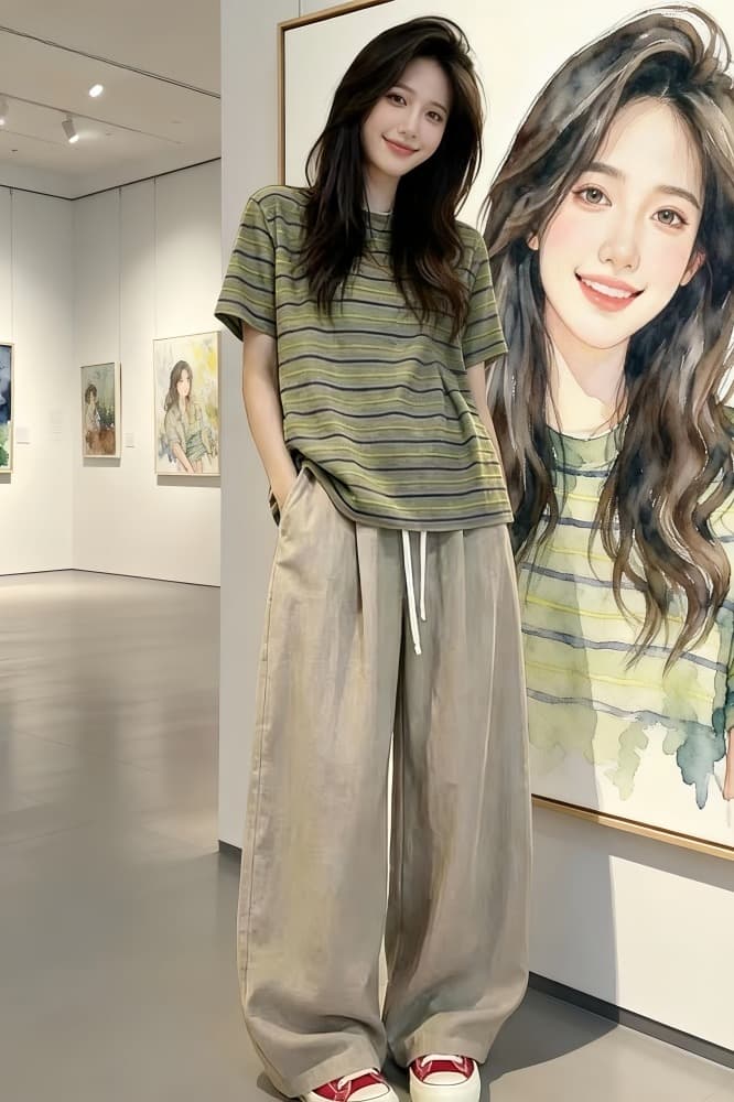 여름 코디 전체 집합 2026 빛 요리 한 아름다운 고유 한 아름다운 품격 스트라이프 맨위 캐주얼 바지 두 조각 여성 세트 이미지 5