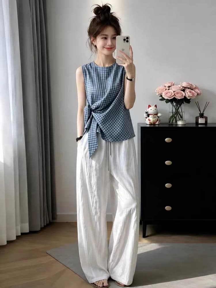 한 부서 자이언트 잘 생긴 ootd 착용 가져 가라. 전체 집합 2026 새로운 민소매 체크무늬 맨위 와이드 레그 팬츠 투피스 세트 세트 상세 이미지 3