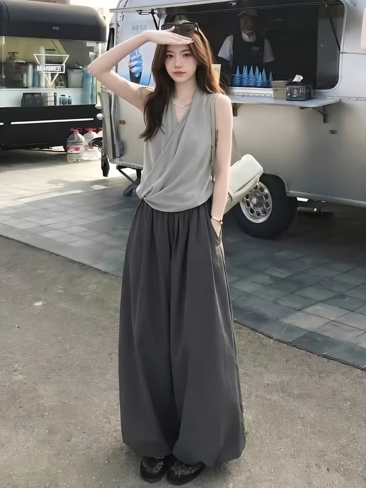 한 부서 자이언트 잘 생긴 ootd 착용 가져 가라. 에이즈 환자 여성 세트 2026 새로운 민소매 행침 목 맨위 와이드 레그 팬츠 투피스 슈트