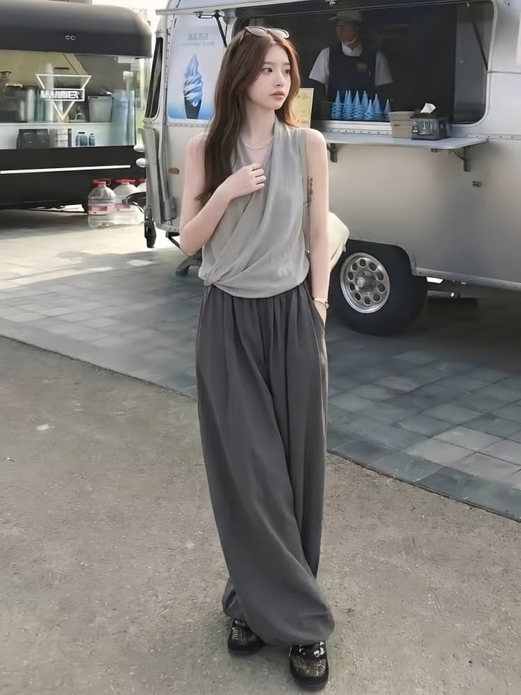 한 부서 자이언트 잘 생긴 ootd 착용 가져 가라. 에이즈 환자 여성 세트 2026 새로운 민소매 행침 목 맨위 와이드 레그 팬츠 투피스 슈트 이미지 3