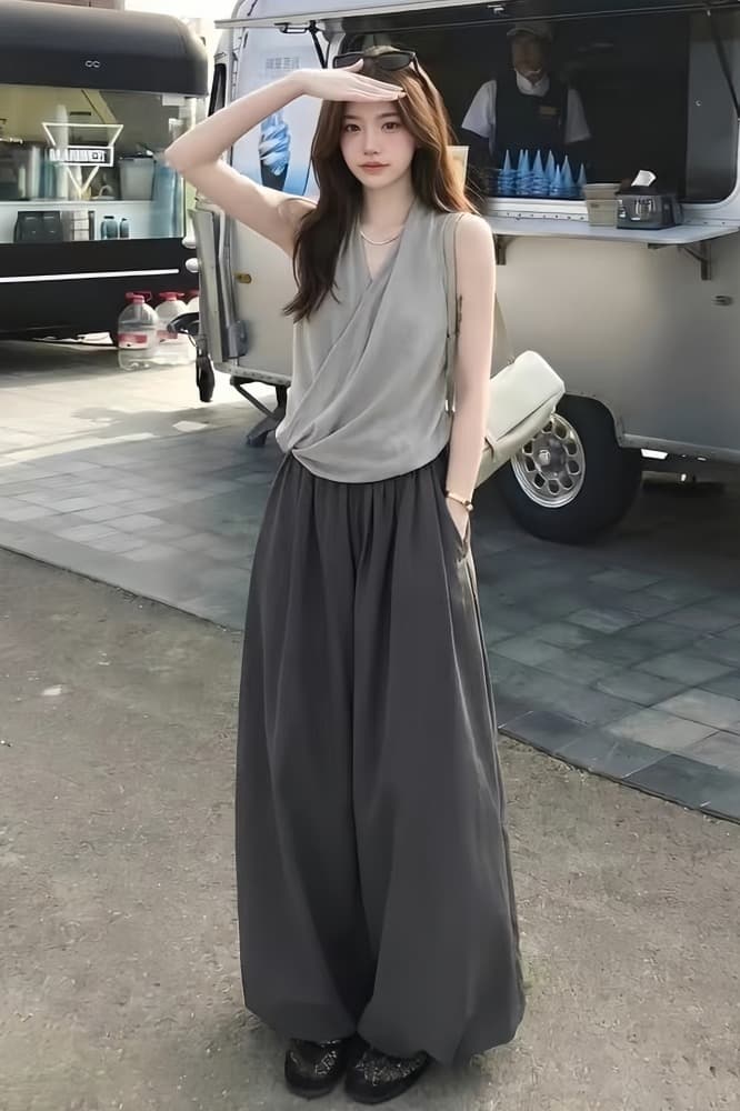 한 부서 자이언트 잘 생긴 ootd 착용 가져 가라. 에이즈 환자 여성 세트 2026 새로운 민소매 행침 목 맨위 와이드 레그 팬츠 투피스 슈트 이미지 5