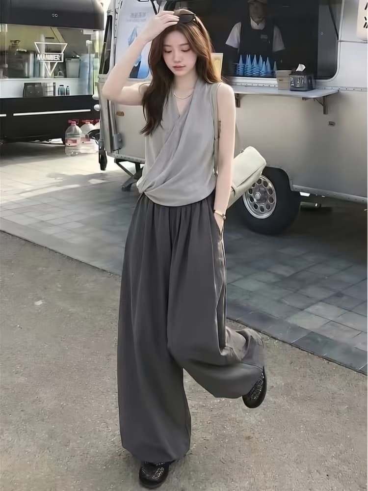한 부서 자이언트 잘 생긴 ootd 착용 가져 가라. 에이즈 환자 여성 세트 2026 새로운 민소매 행침 목 맨위 와이드 레그 팬츠 투피스 슈트 상세 이미지 4