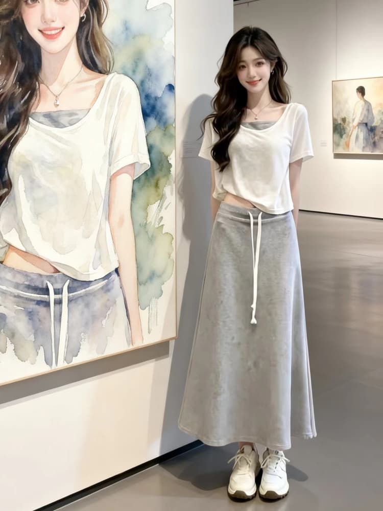 한 부서 연령 감소 반팔 작은 맨위 슬립 세트 여성 여름 새로운 캐주얼 한 마디 슬림해 보이는 반신 스커트 3종 세트 트렌디 상세 이미지 2