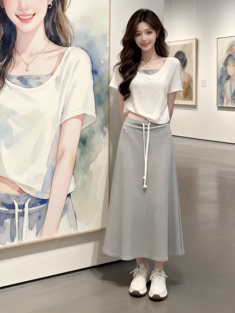 한 부서 연령 감소 반팔 작은 맨위 슬립 세트 여성 여름 새로운 캐주얼 한 마디 슬림해 보이는 반신 스커트 3종 세트 트렌디 상세 이미지 3