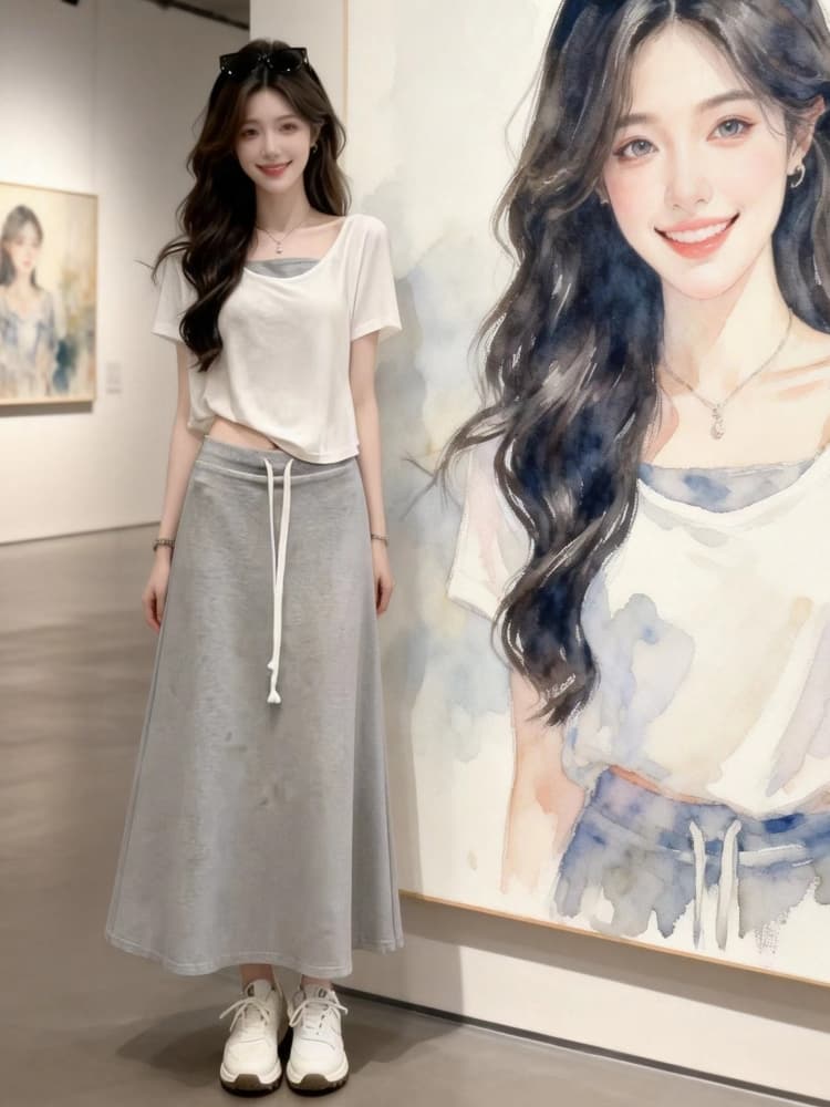 한 부서 연령 감소 반팔 작은 맨위 슬립 세트 여성 여름 새로운 캐주얼 한 마디 슬림해 보이는 반신 스커트 3종 세트 트렌디 상세 이미지 6