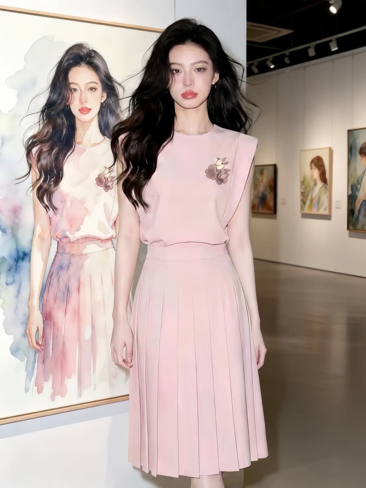 여름 2026 년 새로운 슈퍼 화재 ootd 착용 가져 가라. 고급 센스 자이언트 잘 생긴 핑크색 맨위 반신 스커트 투피스 슈트