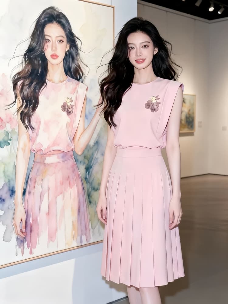 여름 2026 년 새로운 슈퍼 화재 ootd 착용 가져 가라. 고급 센스 자이언트 잘 생긴 핑크색 맨위 반신 스커트 투피스 슈트 이미지 2