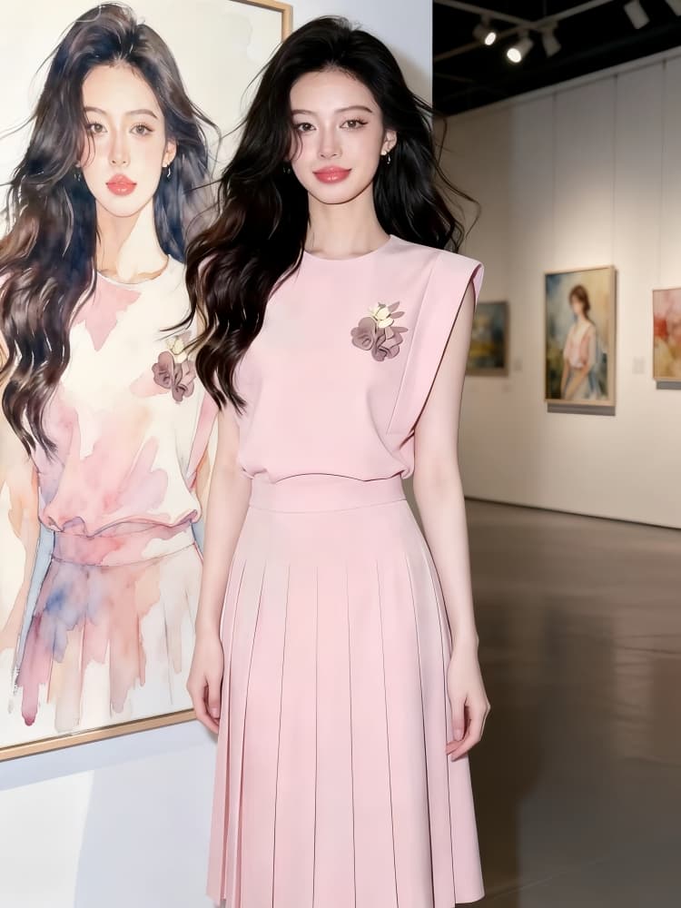 여름 2026 년 새로운 슈퍼 화재 ootd 착용 가져 가라. 고급 센스 자이언트 잘 생긴 핑크색 맨위 반신 스커트 투피스 슈트 이미지 3