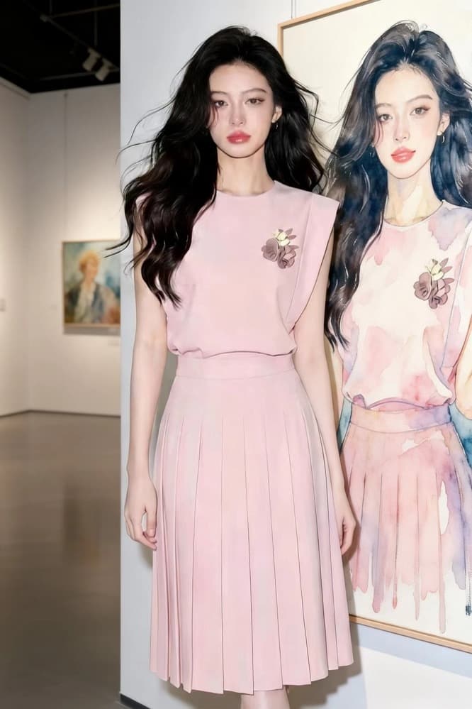 여름 2026 년 새로운 슈퍼 화재 ootd 착용 가져 가라. 고급 센스 자이언트 잘 생긴 핑크색 맨위 반신 스커트 투피스 슈트 이미지 5