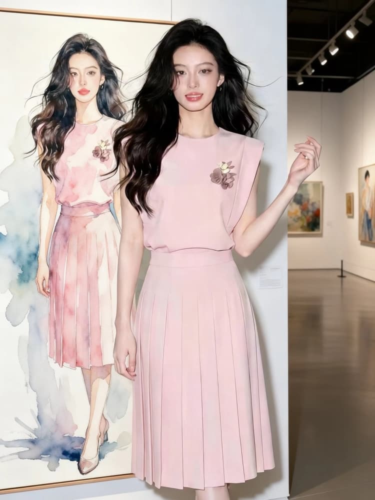여름 2026 년 새로운 슈퍼 화재 ootd 착용 가져 가라. 고급 센스 자이언트 잘 생긴 핑크색 맨위 반신 스커트 투피스 슈트 상세 이미지 4