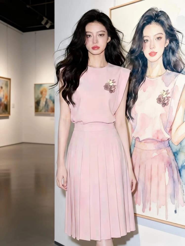 여름 2026 년 새로운 슈퍼 화재 ootd 착용 가져 가라. 고급 센스 자이언트 잘 생긴 핑크색 맨위 반신 스커트 투피스 슈트 상세 이미지 5