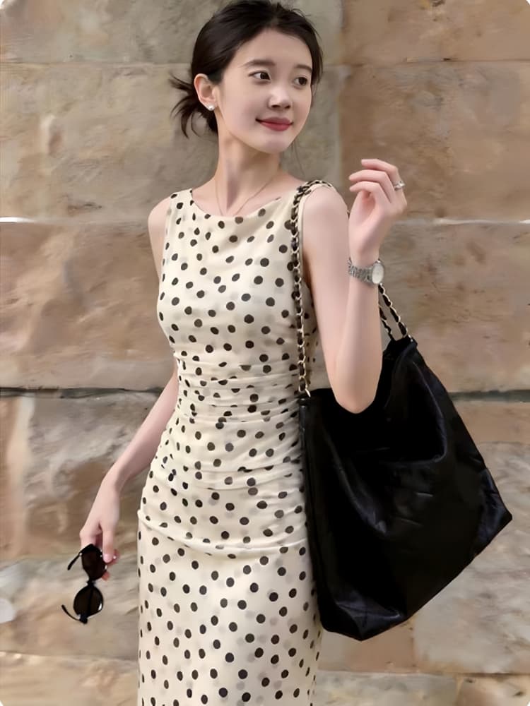 프랑스식 레트로 도트 무늬 조끼 여성 드레스 여름 새로운 디자인 센스 허리 수축 슬림해 보이는 품격 민소매 길다 치마 이미지 3
