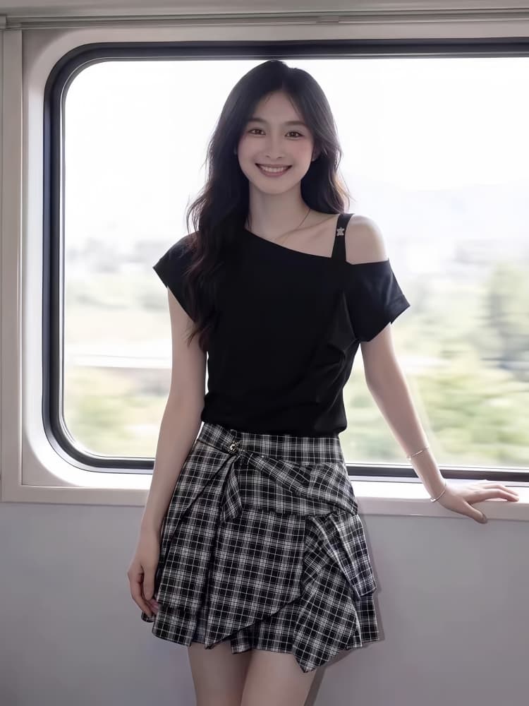 여름 작은 키 자이언트 잘 생긴 ~ 중 착용 가져 가라. 전체 집합 여성 의류 검정색 비스듬한 어깨 반팔 티셔츠 반신 스커트 투피스 세트