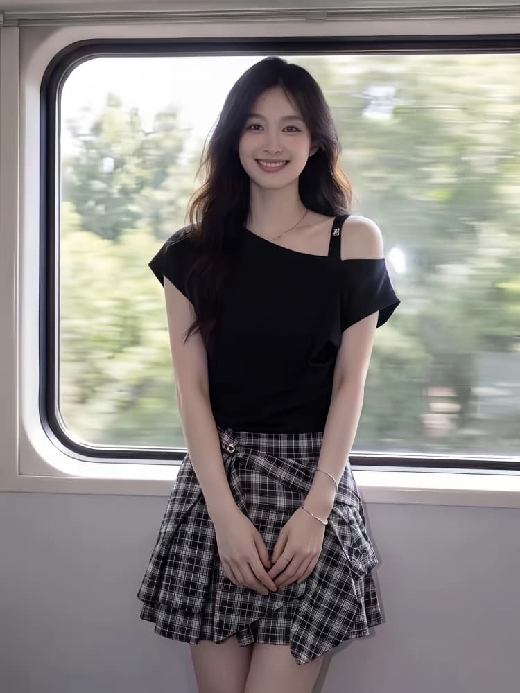 여름 작은 키 자이언트 잘 생긴 ~ 중 착용 가져 가라. 전체 집합 여성 의류 검정색 비스듬한 어깨 반팔 티셔츠 반신 스커트 투피스 세트 상세 이미지 2