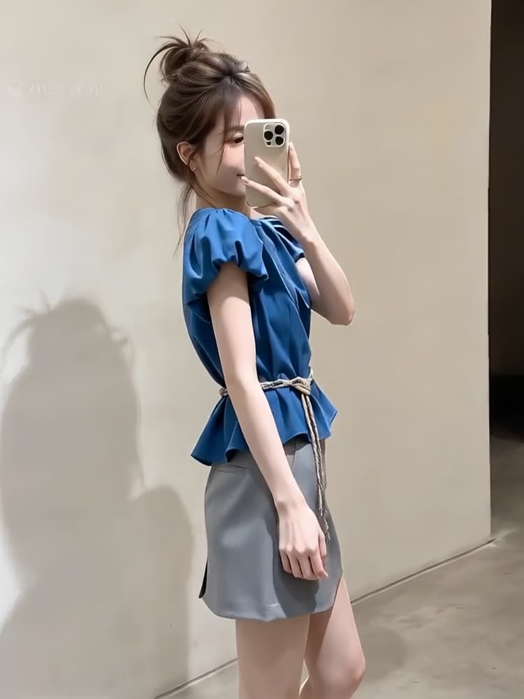 2026 여름 새로운 한 부서 자이언트 잘 생긴 ootd 착용 가져 가라. 품격 파란색 맨위 반신 스커트 투피스 세트 세트 트렌디 이미지 4