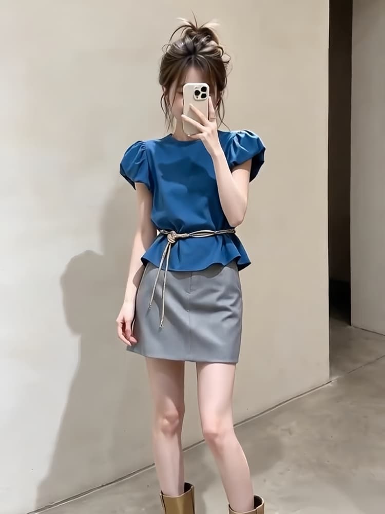 2026 여름 새로운 한 부서 자이언트 잘 생긴 ootd 착용 가져 가라. 품격 파란색 맨위 반신 스커트 투피스 세트 세트 트렌디 상세 이미지 3