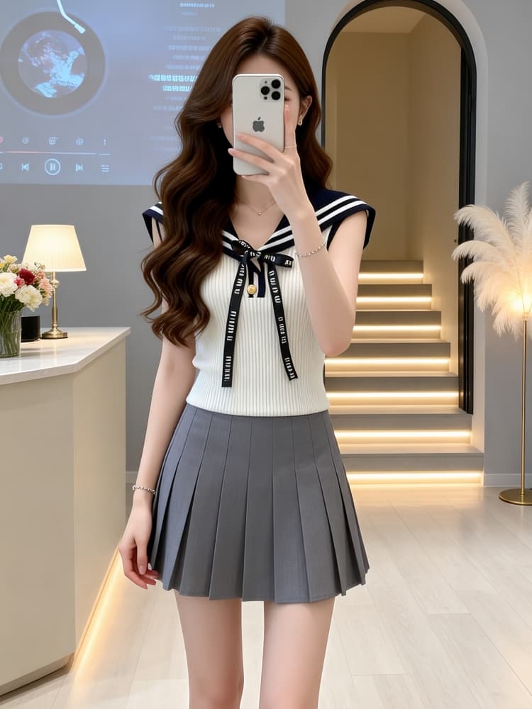 여름 한 부서 외국 가스 연령 감소 해군 칼라 민소매 맨위 가져 가라. 캐주얼 다용도 하이웨이스트 플리츠 스커트 두 조각 여성 세트