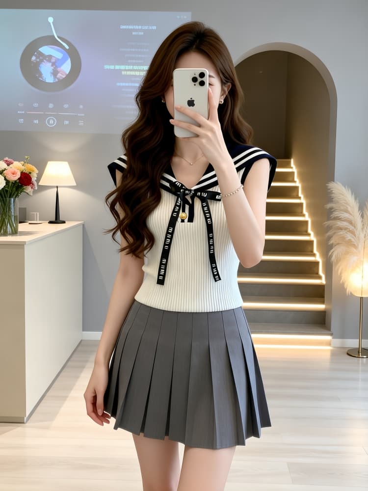 여름 한 부서 외국 가스 연령 감소 해군 칼라 민소매 맨위 가져 가라. 캐주얼 다용도 하이웨이스트 플리츠 스커트 두 조각 여성 세트 상세 이미지 3