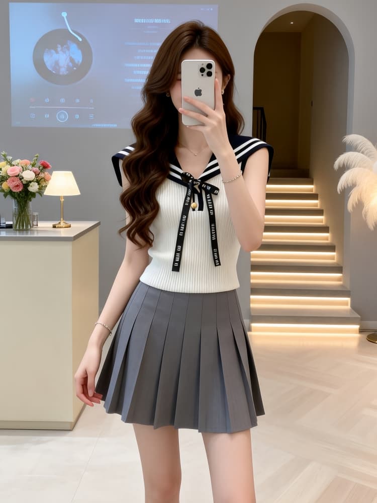 여름 한 부서 외국 가스 연령 감소 해군 칼라 민소매 맨위 가져 가라. 캐주얼 다용도 하이웨이스트 플리츠 스커트 두 조각 여성 세트 상세 이미지 4