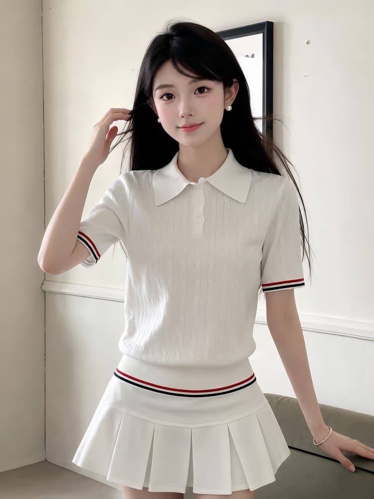 2026 새로운 한 부서 에이즈 환자 여성 세트 여름 품격 연령 감소 POLO 칼라 니트 맨위 플리츠 미니 스커트 투피스 세트 상세 이미지 4