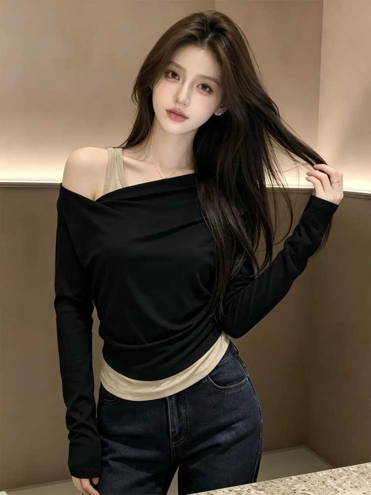 올해 폭발 여성 의류 검정색 페이크 레이어드 긴팔 티셔츠 가을 겨울 새로운 몸매 가꾸기 인사이드 가져 가라. 기본 셔츠 비스듬한 어깨 의류 상세 이미지 2