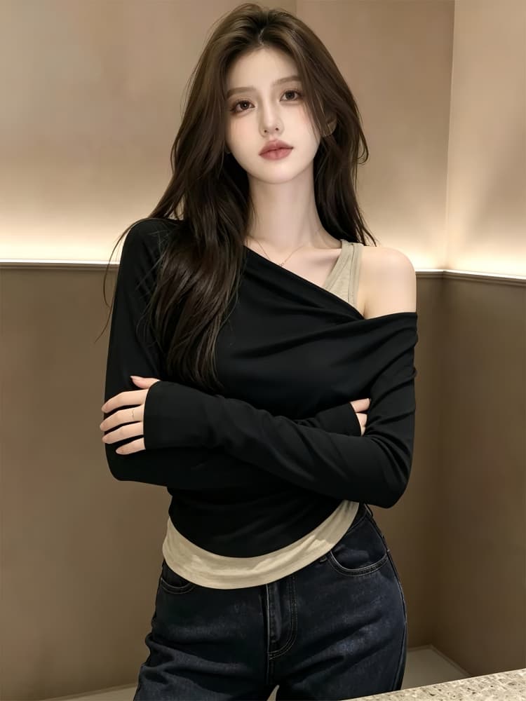 올해 폭발 여성 의류 검정색 페이크 레이어드 긴팔 티셔츠 가을 겨울 새로운 몸매 가꾸기 인사이드 가져 가라. 기본 셔츠 비스듬한 어깨 의류 상세 이미지 3