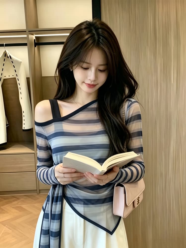 2026 가을 새로운 디자인 센스 비스듬한 어깨 스트라이프 스트랩 긴팔 허리 수축 몸매 가꾸기 다용도 디자인 센스 패션 맨위 이미지 4