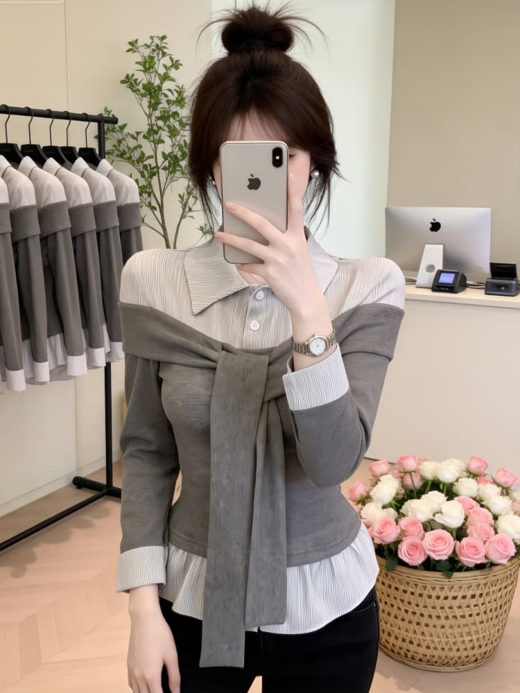 한국 스타일 패션 핫걸 품격 POLO 칼라 페이크 레이어드 긴팔 여성 셔츠 이른 가을 새로운 디자인 센스 연령 감소 맨위 이미지 2