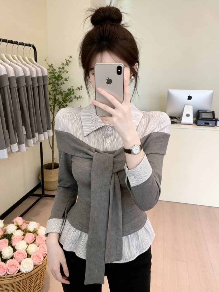 한국 스타일 패션 핫걸 품격 POLO 칼라 페이크 레이어드 긴팔 여성 셔츠 이른 가을 새로운 디자인 센스 연령 감소 맨위 이미지 3