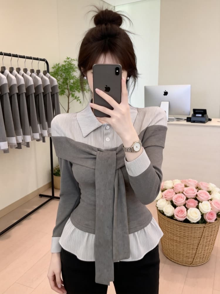 한국 스타일 패션 핫걸 품격 POLO 칼라 페이크 레이어드 긴팔 여성 셔츠 이른 가을 새로운 디자인 센스 연령 감소 맨위 이미지 4