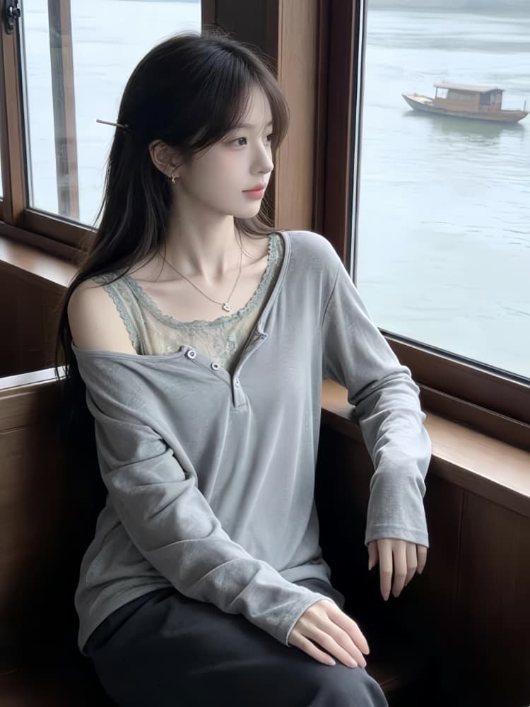2026 가을 새로운 작은 대중 디자인 센스 자이언트 잘 생긴 ~ 중 페이크 레이어드 긴팔 티셔츠 느긋한 바람 느슨함 센스 맨위