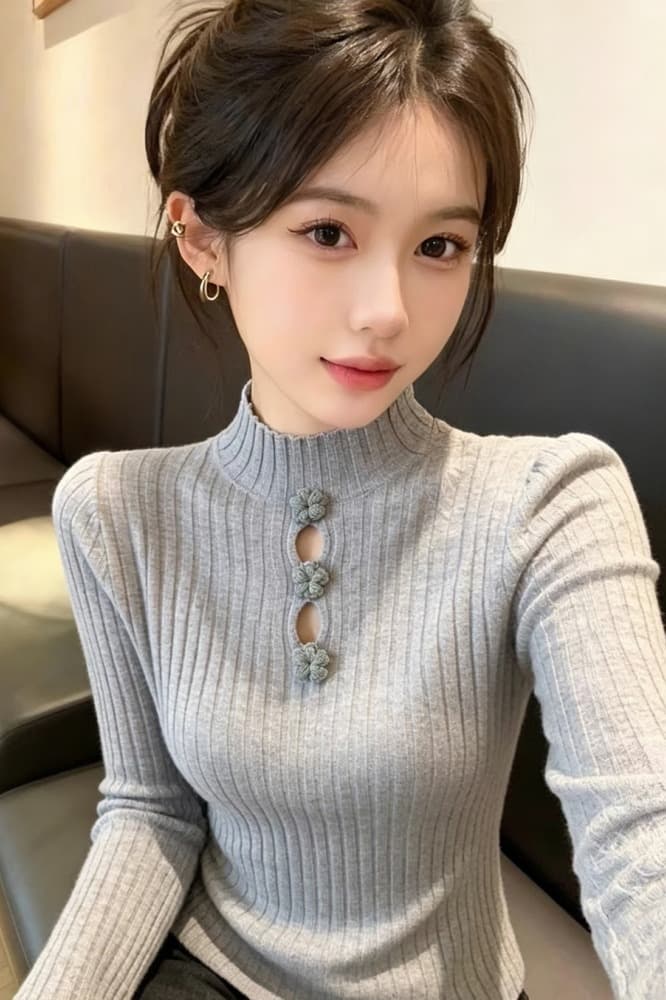 가을 착용 가져 가라. 반하이넥 니트 기본 셔츠 맨위 여성 Chic 아름다운 몸매 가꾸기 홀로우 아웃 디자인 센스 긴팔 스웨터 이미지 5