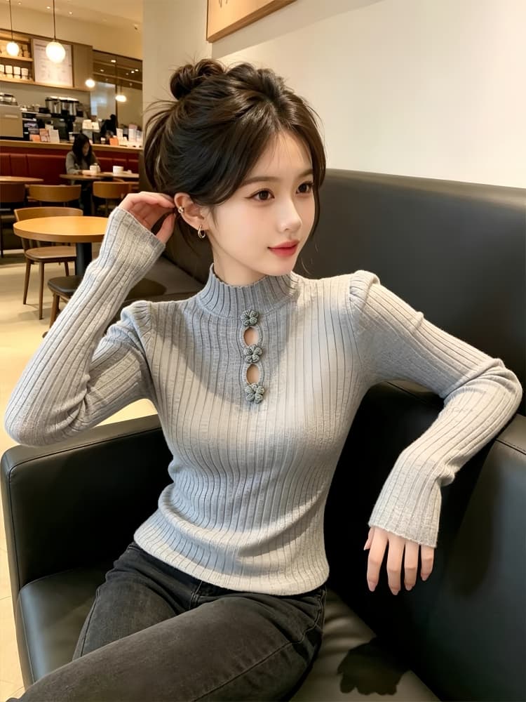 가을 착용 가져 가라. 반하이넥 니트 기본 셔츠 맨위 여성 Chic 아름다운 몸매 가꾸기 홀로우 아웃 디자인 센스 긴팔 스웨터 상세 이미지 3