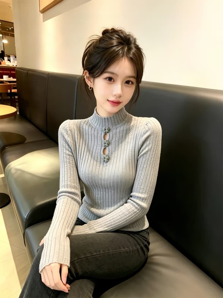 가을 착용 가져 가라. 반하이넥 니트 기본 셔츠 맨위 여성 Chic 아름다운 몸매 가꾸기 홀로우 아웃 디자인 센스 긴팔 스웨터 상세 이미지 5