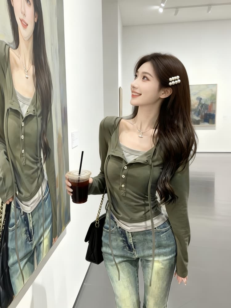 작은 키 페이크 레이어드 후드 긴팔 티셔츠 여성 가을 겨울철 디자인 센스 작은 대중 몸매 가꾸기 고유 한 슈퍼 잘 생긴 맨위 상세 이미지 6