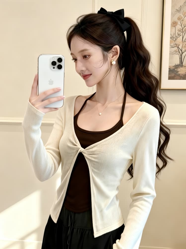 한 부서 자외선 차단 블라우스 행침 목 조끼 세트 여성 2026 새로운 가을 외부 가져 가라. 비틀림 긴팔 맨위 투피스 세트 상세 이미지 2