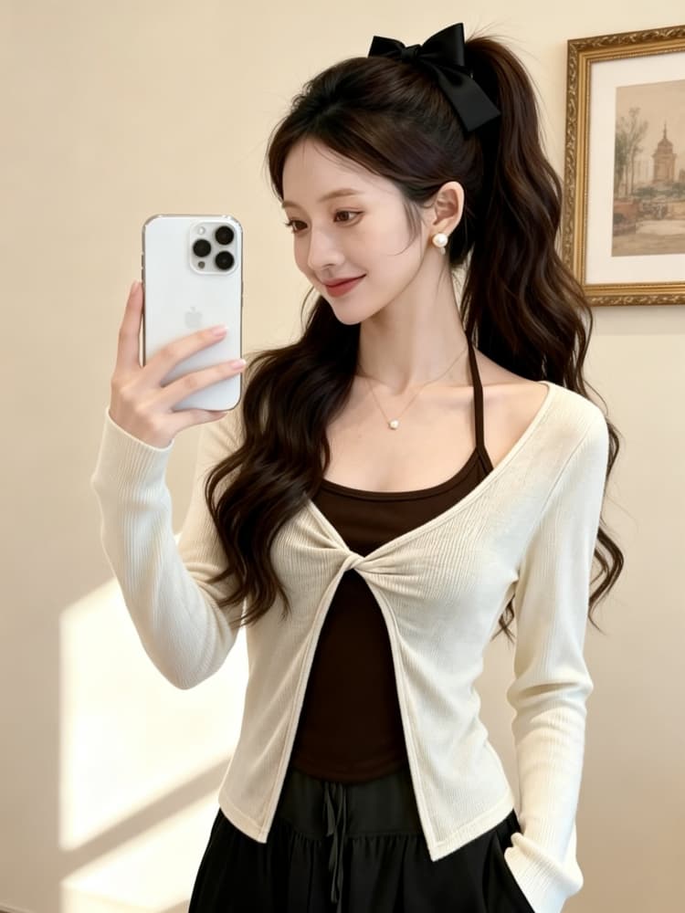 한 부서 자외선 차단 블라우스 행침 목 조끼 세트 여성 2026 새로운 가을 외부 가져 가라. 비틀림 긴팔 맨위 투피스 세트 상세 이미지 4