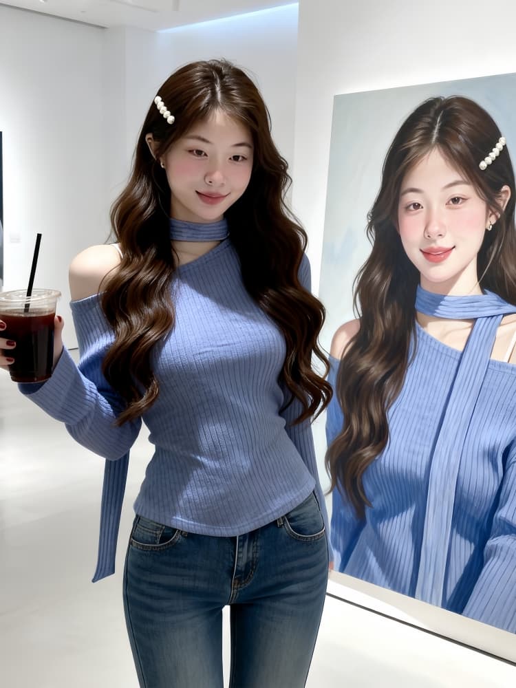 가을 긴팔 자이언트 잘 생긴 ~ 중 비스듬한 어깨 의류 여성 고급 센스 디자인 센스 작은 대중 chic Chic 풀오버 니트 스웨터