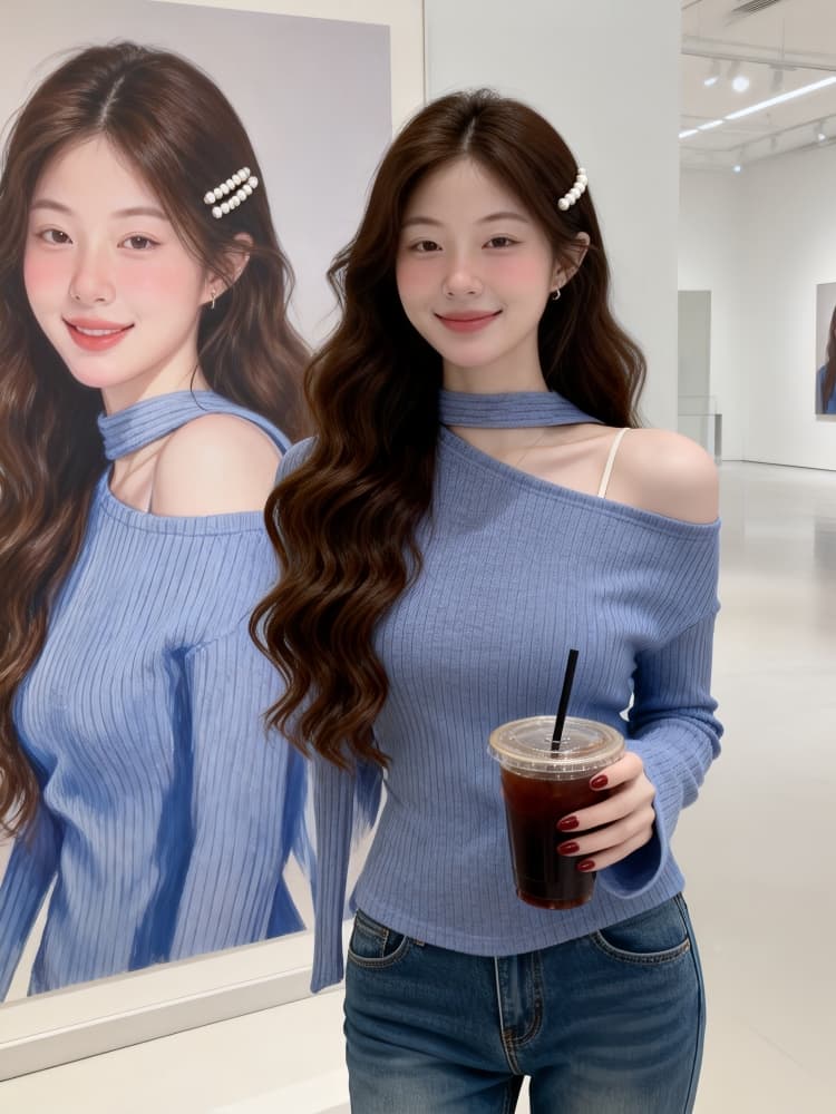 가을 긴팔 자이언트 잘 생긴 ~ 중 비스듬한 어깨 의류 여성 고급 센스 디자인 센스 작은 대중 chic Chic 풀오버 니트 스웨터 이미지 3