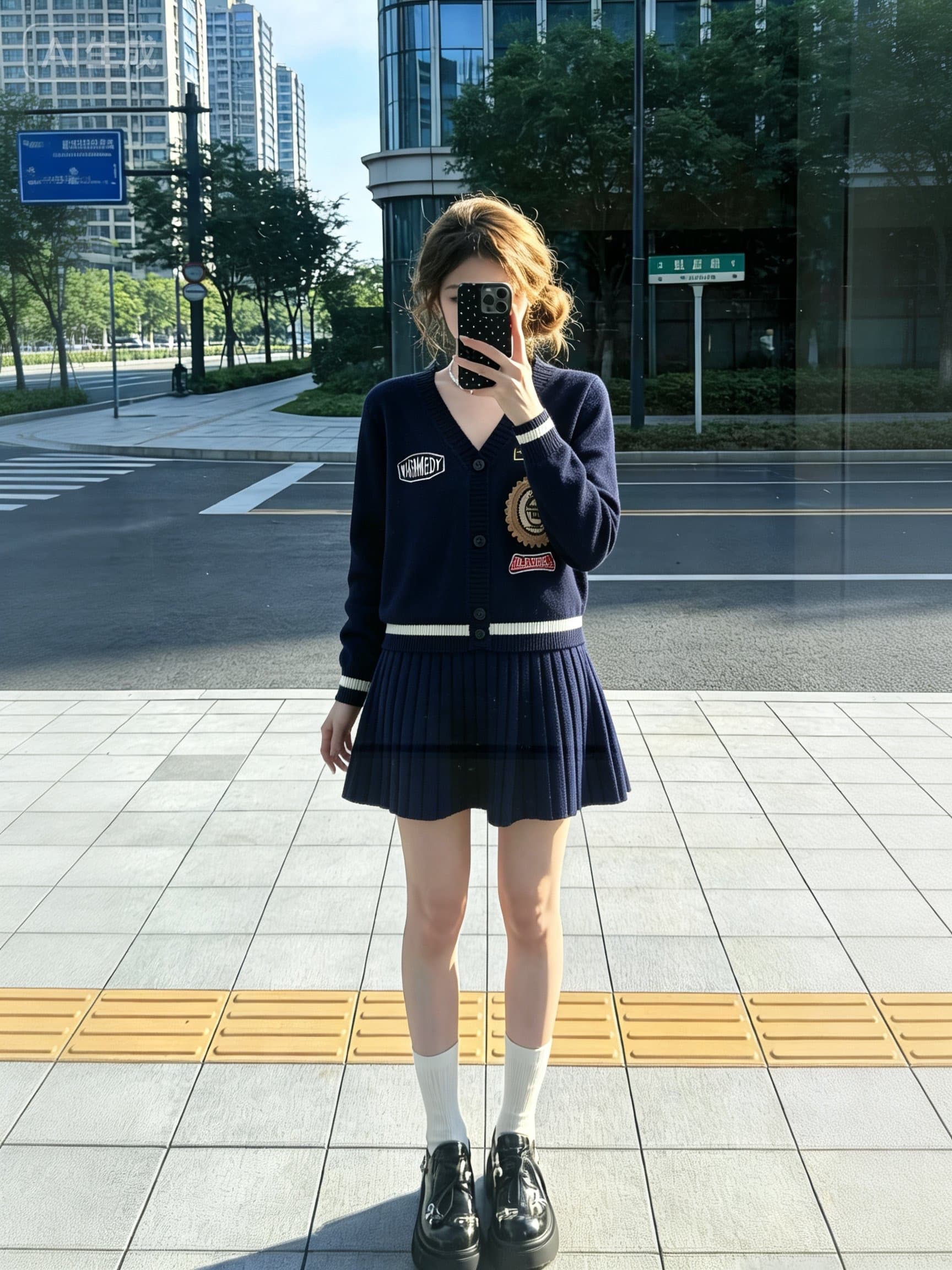 작은 샤넬 스타일 세트 여성 2026 새로운 진한 파란색 V넥 니트 오픈 가디건 플리츠 스커트 슬림해 보이는 품격 투피스 세트 트렌디 이미지 2