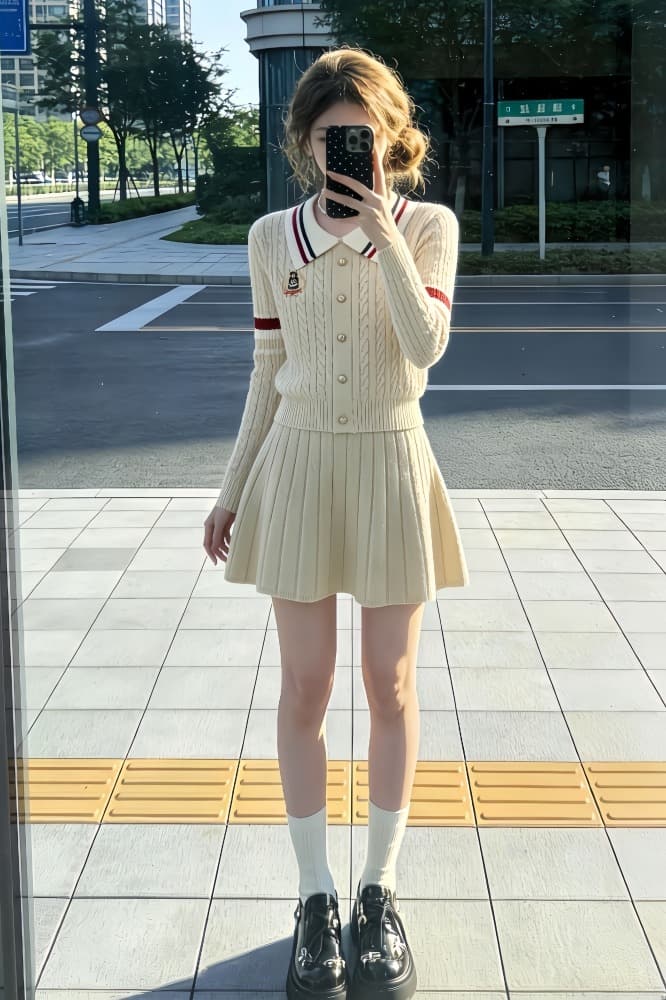 품격 패션 작은 샤넬 스타일 세트 여성 가을 겨울 새로운 작은 키 니트 오픈 가디건 맨위 플리츠 미니 스커트 투피스 세트 이미지 5