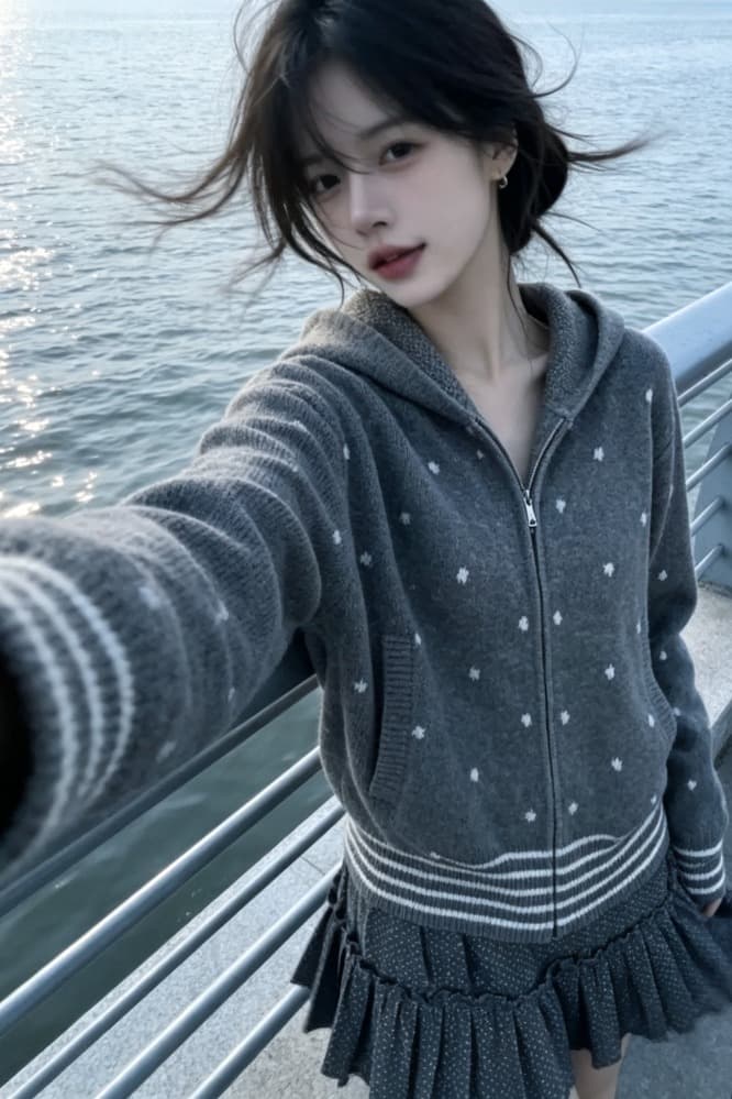 한 부서 레트로 도트 무늬 후드 니트 오픈 가디건 여성 가을 겨울 착용 가져 가라. 느긋한 디자인 센스 배색 스트라이프 스웨터 코트 이미지 5