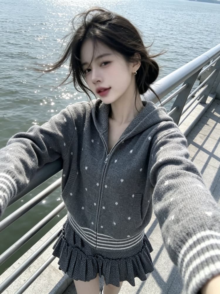한 부서 레트로 도트 무늬 후드 니트 오픈 가디건 여성 가을 겨울 착용 가져 가라. 느긋한 디자인 센스 배색 스트라이프 스웨터 코트 상세 이미지 4