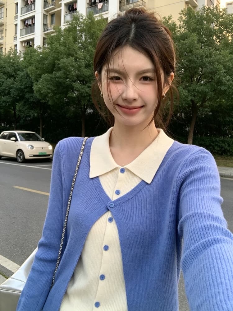 배색 페이크 레이어드 POLO 칼라 긴팔 니트 스웨터 여성 가을 새로운 따뜻한 부드럽다 찹쌀 품격 몸매 가꾸기 슬림해 보이는 맨위 이미지 4