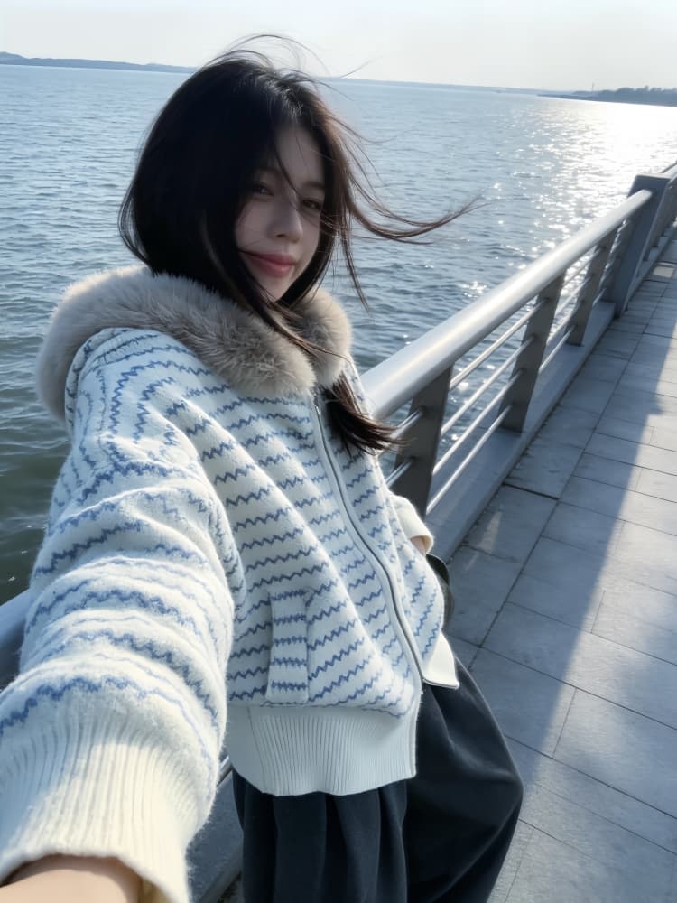한 부서 달콤한 차가운 화이트 블루 스트라이프 모피 칼라 후드 스웨터 여성 코트 2026 가을 겨울 느긋한 바람 니트 오픈 가디건 맨위 상세 이미지 1