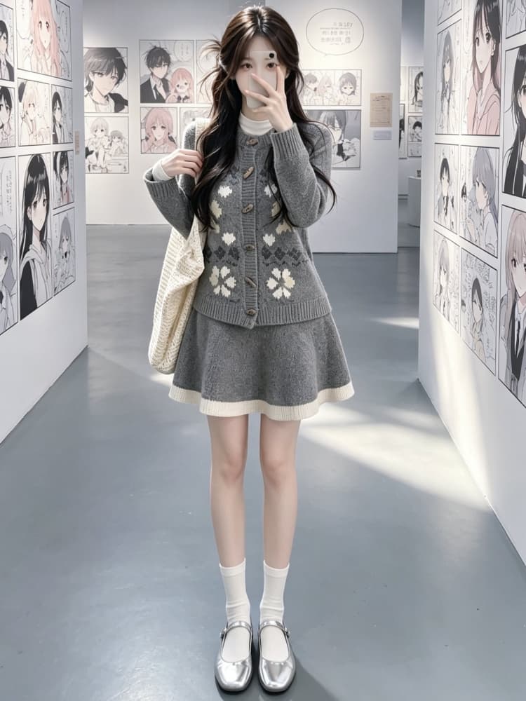 가을 겨울 ootd 착용 가져 가라. 전체 집합 디자인 센스 소뿔 버클 회색 니트 오픈 가디건 반신 스커트 자이언트 잘 생긴 투피스 세트 이미지 4