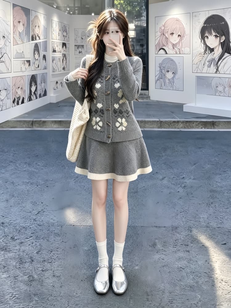 가을 겨울 ootd 착용 가져 가라. 전체 집합 디자인 센스 소뿔 버클 회색 니트 오픈 가디건 반신 스커트 자이언트 잘 생긴 투피스 세트 상세 이미지 1