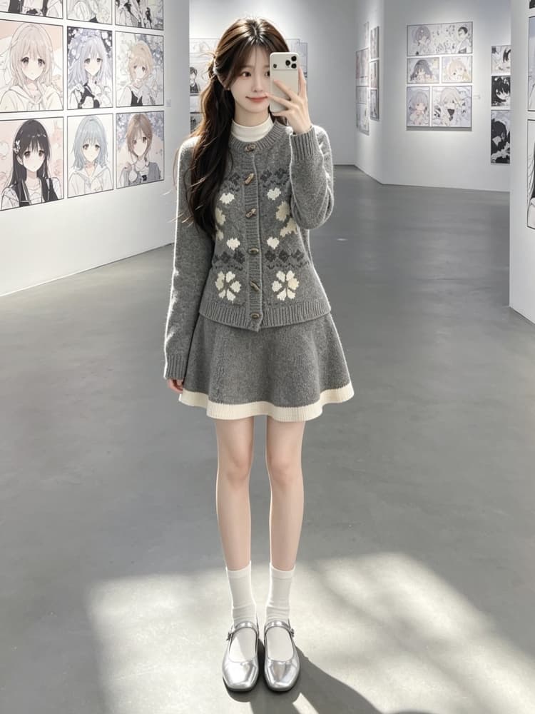 가을 겨울 ootd 착용 가져 가라. 전체 집합 디자인 센스 소뿔 버클 회색 니트 오픈 가디건 반신 스커트 자이언트 잘 생긴 투피스 세트 상세 이미지 6